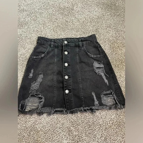 Free People Dresses & Skirts - Free People Distressed Black Denim Mini‎ Skirt Button Front Frayed Hem Size 2